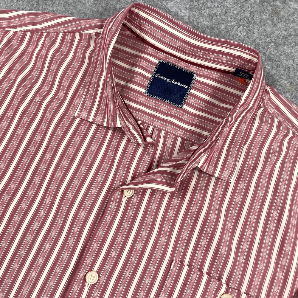 Tommy Bahama Mens Button Down Shirt XL Red White Striped Cotton Long Sleeve